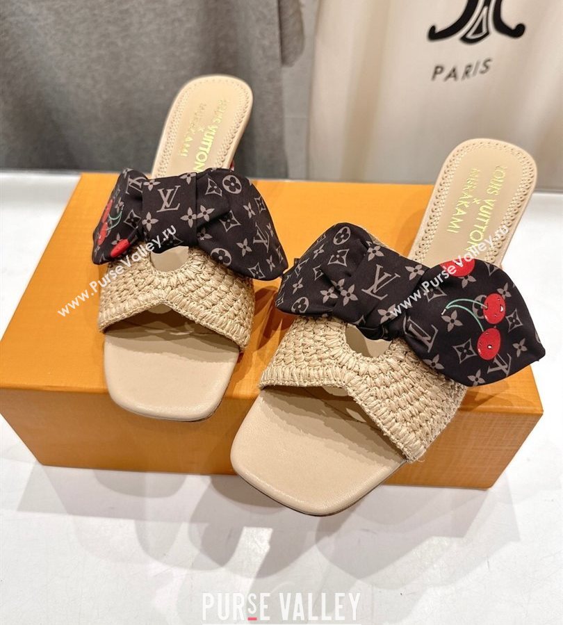 Louis Vuitton LV x TM Cherie Heel Slides Sandal 5.5cm in Raffia Straw with Bow Beige 2025 (MD-250712056)
