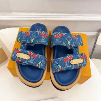 Louis Vuitton LV x TM Pool Pillow Flat Comfort Slides Sandal in Blue Cherry Denim 2025 1AHME4 (MD-250712043)