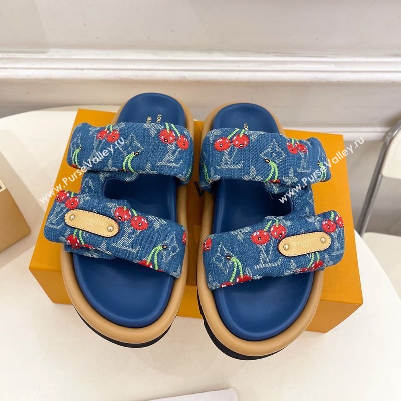 Louis Vuitton LV x TM Pool Pillow Flat Comfort Slides Sandal in Blue Cherry Denim 2025 1AHME4 (MD-250712043)