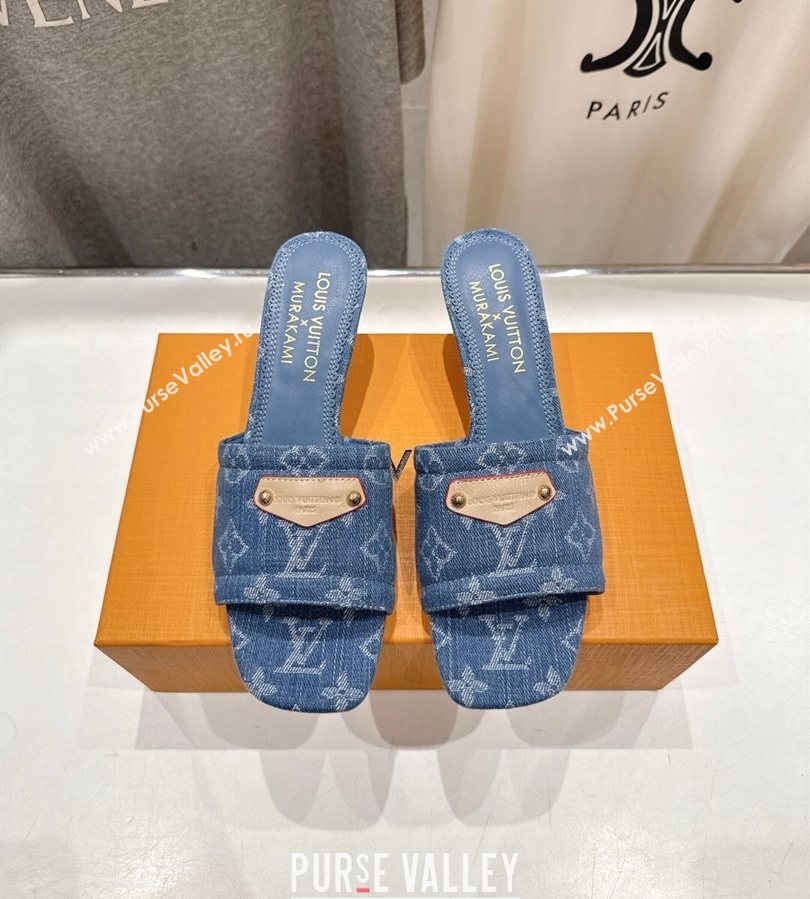 Louis Vuitton LV x TM Lily Heel Slides Sandal 5.5cm in Monogram Denim with Bow Light Blue 2025 (MD-250712062)