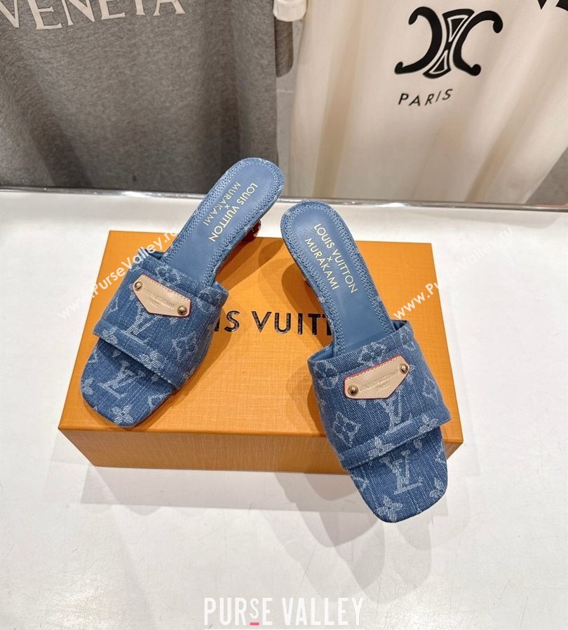 Louis Vuitton LV x TM Lily Heel Slides Sandal 5.5cm in Monogram Denim with Bow Light Blue 2025 (MD-250712062)