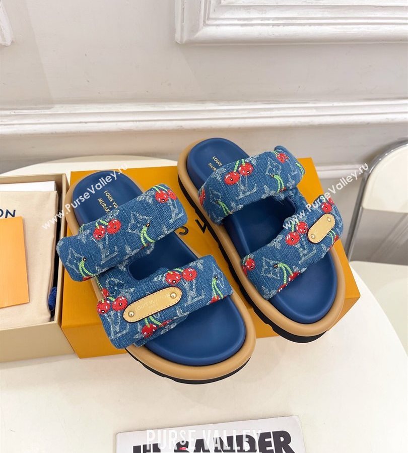 Louis Vuitton LV x TM Pool Pillow Flat Comfort Slides Sandal in Blue Cherry Denim 2025 1AHME4 (MD-250712043)