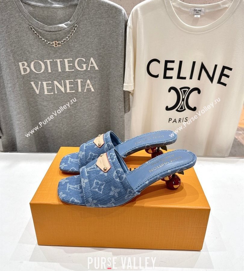 Louis Vuitton LV x TM Lily Heel Slides Sandal 5.5cm in Monogram Denim with Bow Light Blue 2025 (MD-250712062)