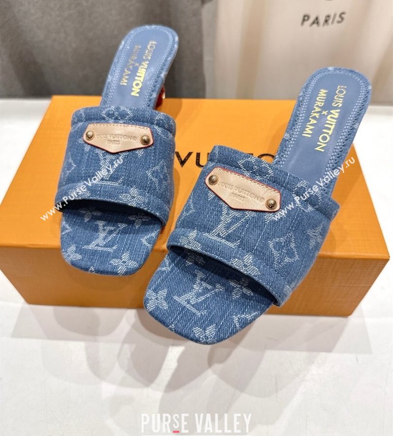 Louis Vuitton LV x TM Lily Heel Slides Sandal 5.5cm in Monogram Denim with Bow Light Blue 2025 (MD-250712062)