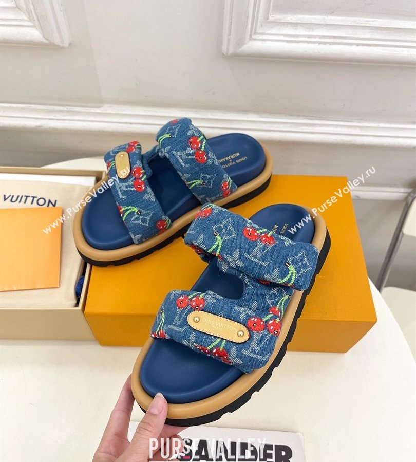 Louis Vuitton LV x TM Pool Pillow Flat Comfort Slides Sandal in Blue Cherry Denim 2025 1AHME4 (MD-250712043)