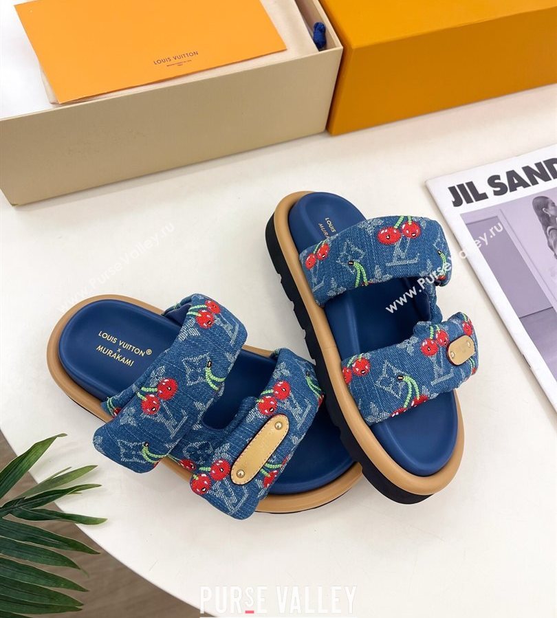 Louis Vuitton LV x TM Pool Pillow Flat Comfort Slides Sandal in Blue Cherry Denim 2025 1AHME4 (MD-250712043)