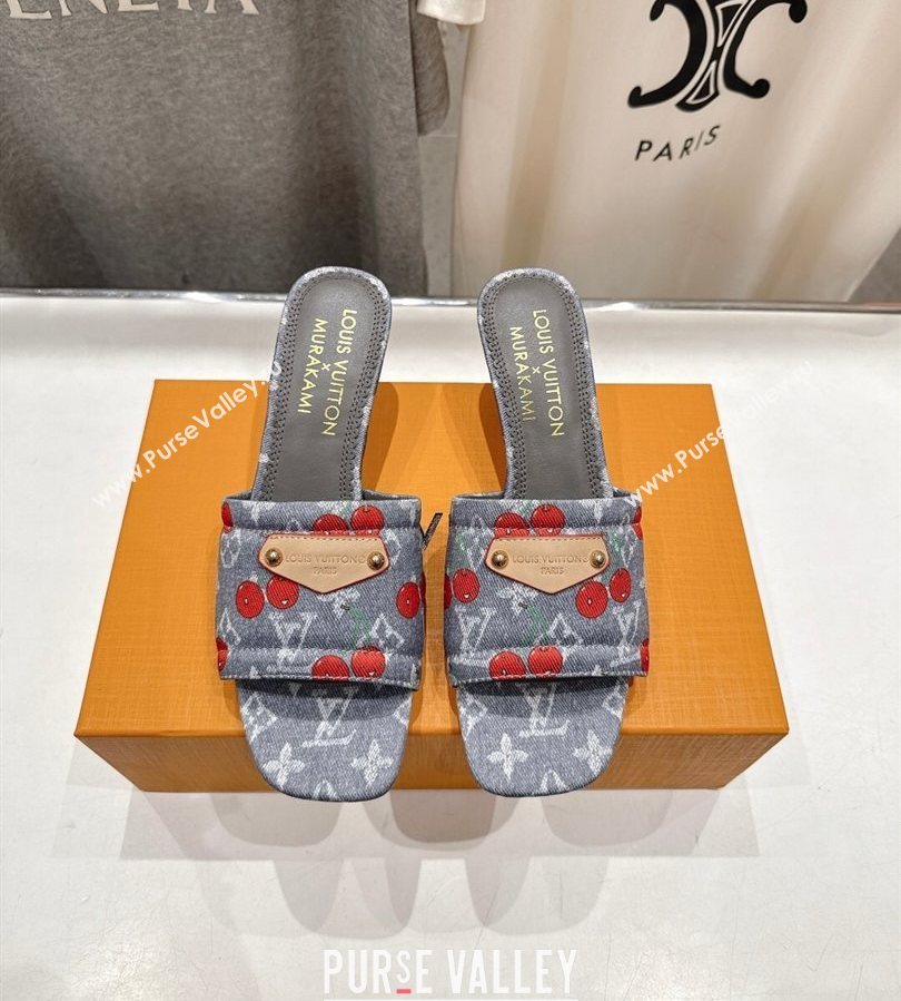 Louis Vuitton LV x TM Lily Heel Slides Sandal 5.5cm in Cherry Monogram Denim with Bow Grey 2025 (MD-250712063)