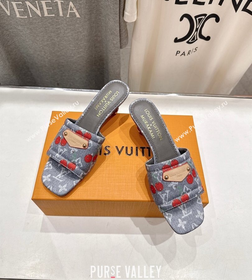 Louis Vuitton LV x TM Lily Heel Slides Sandal 5.5cm in Cherry Monogram Denim with Bow Grey 2025 (MD-250712063)