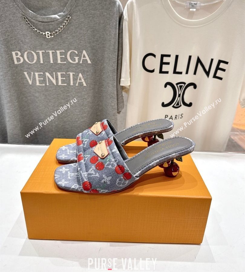 Louis Vuitton LV x TM Lily Heel Slides Sandal 5.5cm in Cherry Monogram Denim with Bow Grey 2025 (MD-250712063)