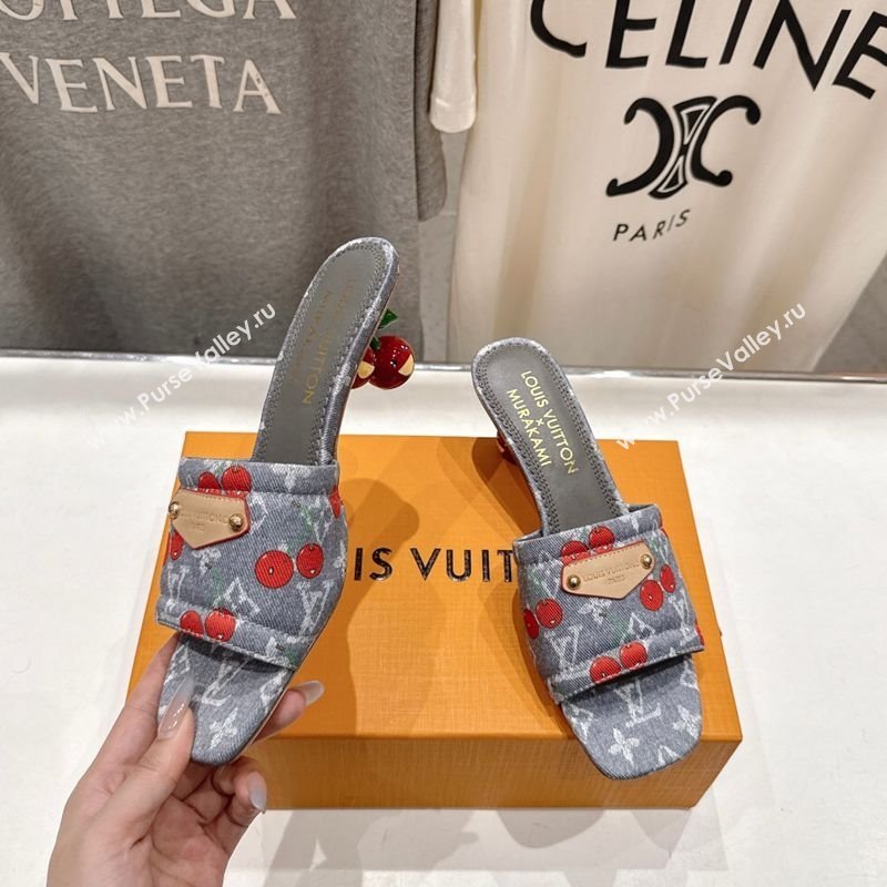Louis Vuitton LV x TM Lily Heel Slides Sandal 5.5cm in Cherry Monogram Denim with Bow Grey 2025 (MD-250712063)