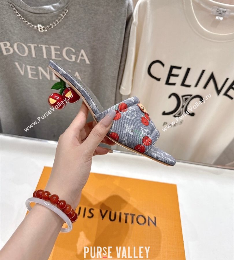 Louis Vuitton LV x TM Lily Heel Slides Sandal 5.5cm in Cherry Monogram Denim with Bow Grey 2025 (MD-250712063)