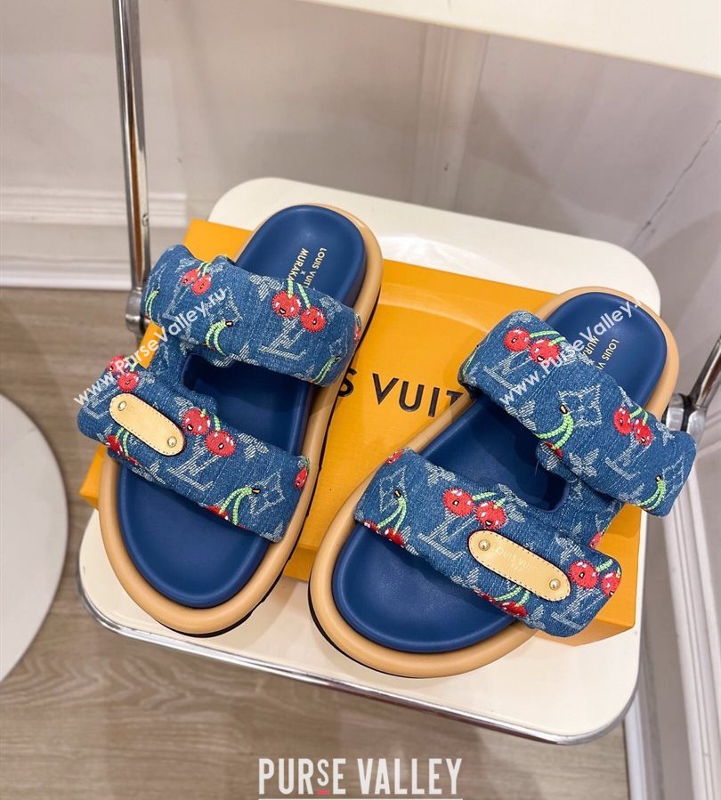 Louis Vuitton LV x TM Pool Pillow Flat Comfort Slides Sandal in Blue Cherry Denim 2025 1AHME4 (MD-250712043)