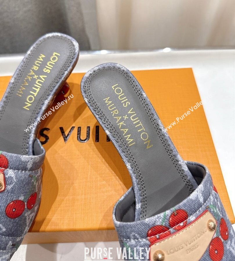 Louis Vuitton LV x TM Lily Heel Slides Sandal 5.5cm in Cherry Monogram Denim with Bow Grey 2025 (MD-250712063)