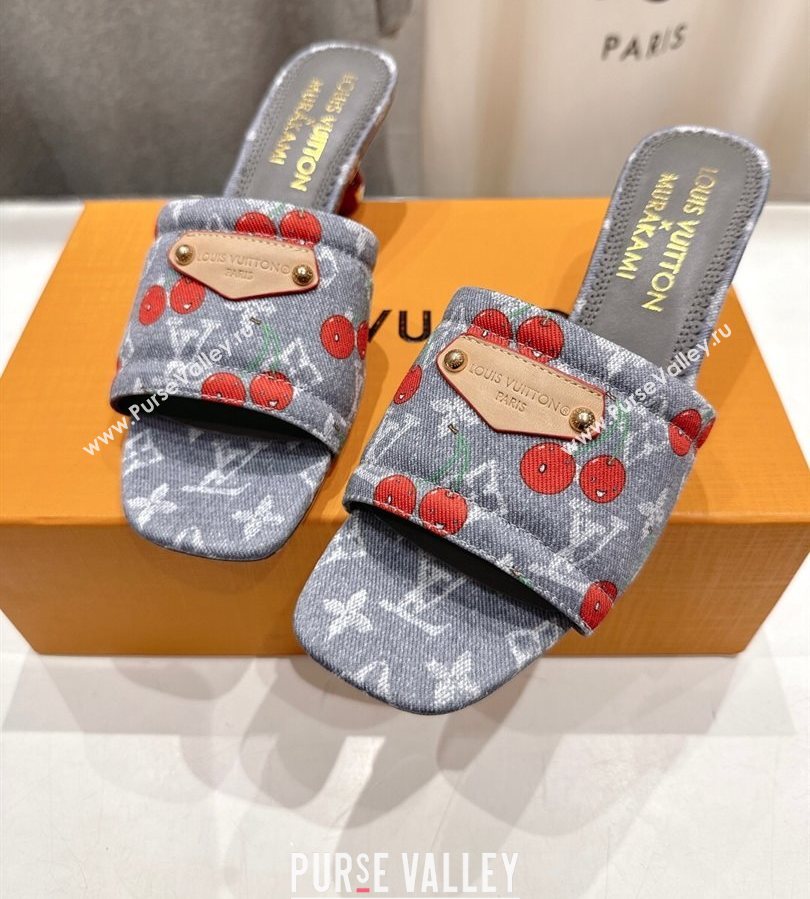 Louis Vuitton LV x TM Lily Heel Slides Sandal 5.5cm in Cherry Monogram Denim with Bow Grey 2025 (MD-250712063)