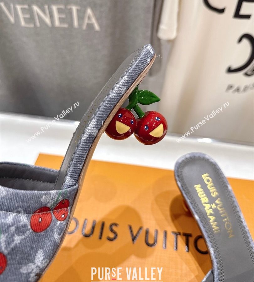 Louis Vuitton LV x TM Lily Heel Slides Sandal 5.5cm in Cherry Monogram Denim with Bow Grey 2025 (MD-250712063)