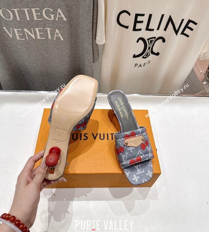 Louis Vuitton LV x TM Lily Heel Slides Sandal 5.5cm in Cherry Monogram Denim with Bow Grey 2025 (MD-250712063)