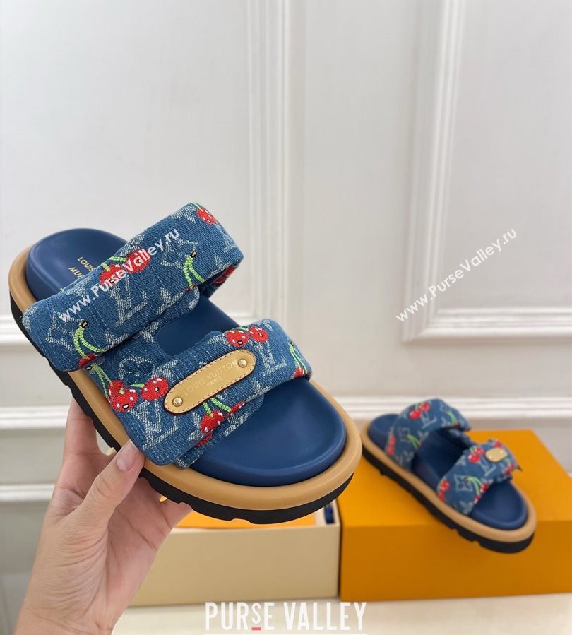 Louis Vuitton LV x TM Pool Pillow Flat Comfort Slides Sandal in Blue Cherry Denim 2025 1AHME4 (MD-250712043)