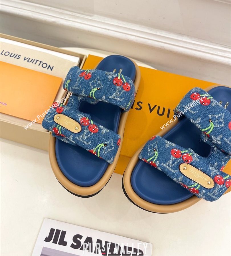 Louis Vuitton LV x TM Pool Pillow Flat Comfort Slides Sandal in Blue Cherry Denim 2025 1AHME4 (MD-250712043)