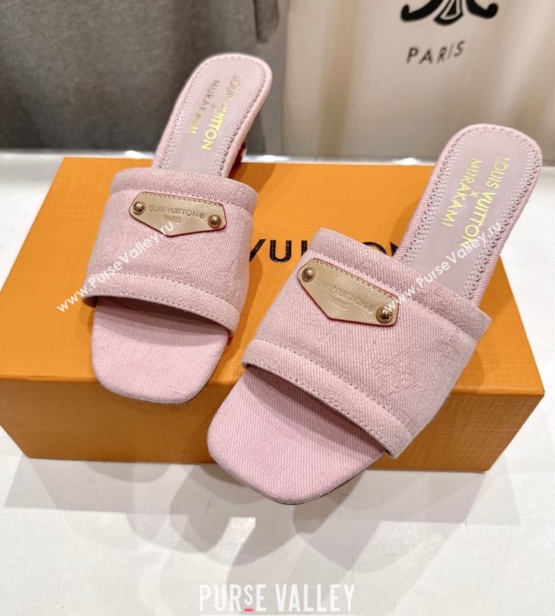 Louis Vuitton LV x TM Lily Heel Slides Sandal 5.5cm in Monogram Denim with Bow Light Pink 2025 (MD-250712067)