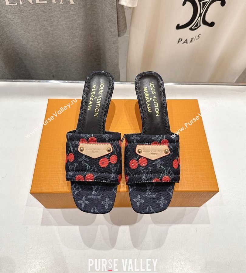 Louis Vuitton LV x TM Lily Heel Slides Sandal 5.5cm in Monogram Denim with Bow Black 2025 (MD-250712068)