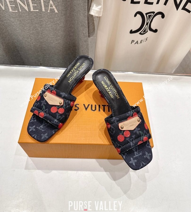 Louis Vuitton LV x TM Lily Heel Slides Sandal 5.5cm in Monogram Denim with Bow Black 2025 (MD-250712068)