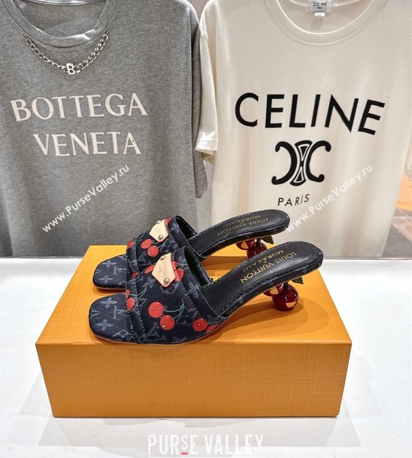 Louis Vuitton LV x TM Lily Heel Slides Sandal 5.5cm in Monogram Denim with Bow Black 2025 (MD-250712068)