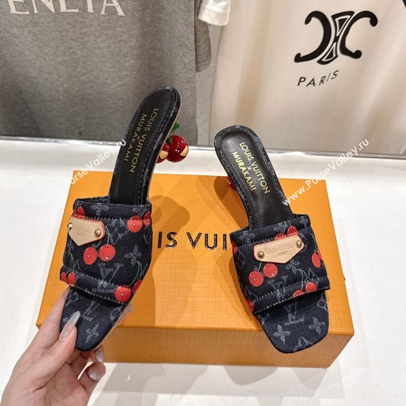 Louis Vuitton LV x TM Lily Heel Slides Sandal 5.5cm in Monogram Denim with Bow Black 2025 (MD-250712068)