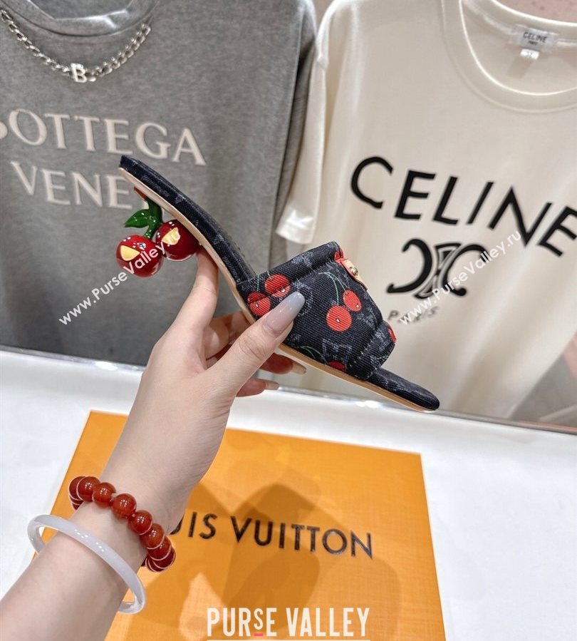 Louis Vuitton LV x TM Lily Heel Slides Sandal 5.5cm in Monogram Denim with Bow Black 2025 (MD-250712068)
