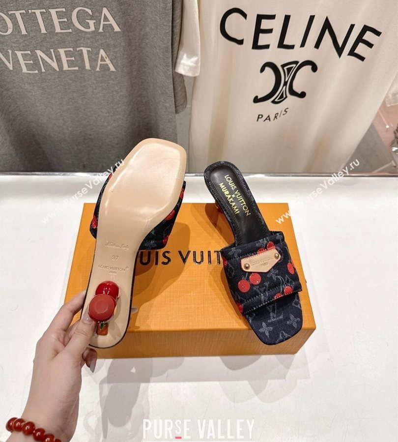 Louis Vuitton LV x TM Lily Heel Slides Sandal 5.5cm in Monogram Denim with Bow Black 2025 (MD-250712068)