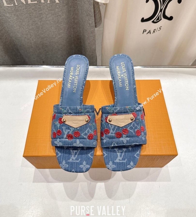 Louis Vuitton LV x TM Lily Heel Slides Sandal 5.5cm in Cherry Monogram Denim with Bow Blue 2025 (MD-250712073)