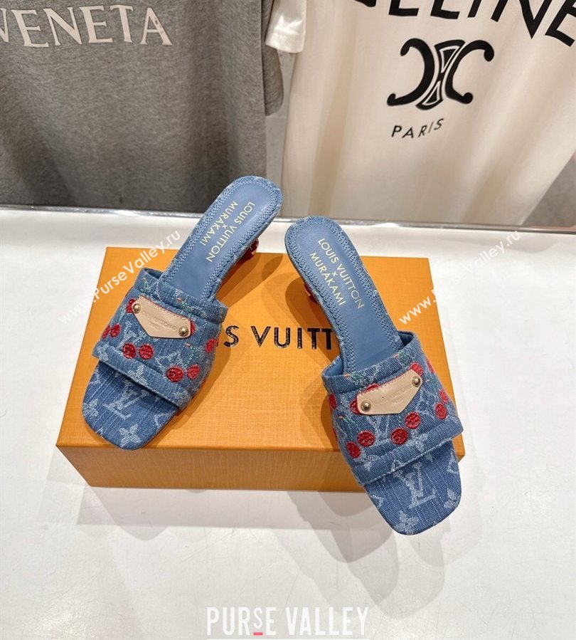 Louis Vuitton LV x TM Lily Heel Slides Sandal 5.5cm in Cherry Monogram Denim with Bow Blue 2025 (MD-250712073)