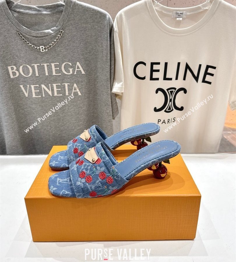 Louis Vuitton LV x TM Lily Heel Slides Sandal 5.5cm in Cherry Monogram Denim with Bow Blue 2025 (MD-250712073)