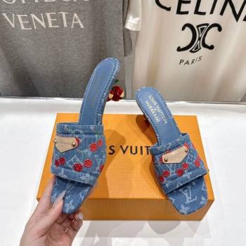Louis Vuitton LV x TM Lily Heel Slides Sandal 5.5cm in Cherry Monogram Denim with Bow Blue 2025 (MD-250712073)