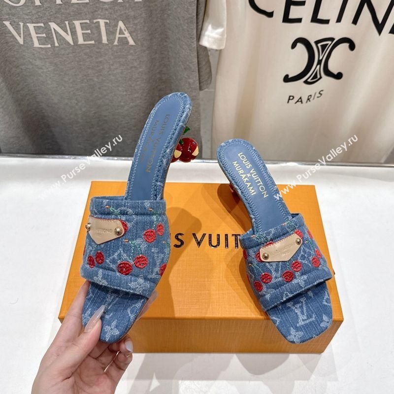 Louis Vuitton LV x TM Lily Heel Slides Sandal 5.5cm in Cherry Monogram Denim with Bow Blue 2025 (MD-250712073)