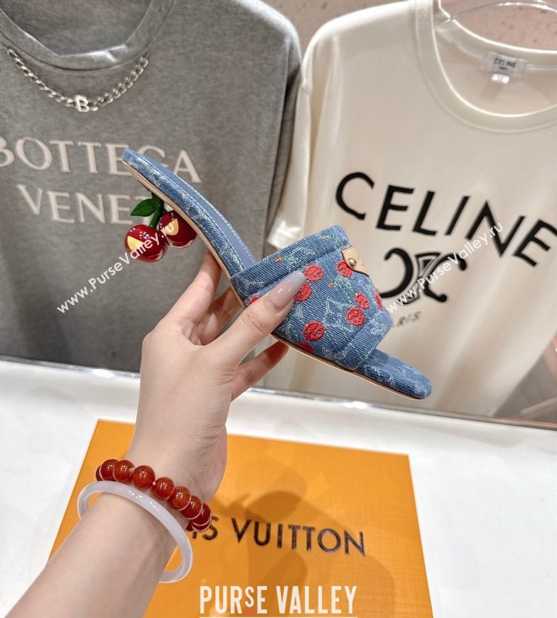 Louis Vuitton LV x TM Lily Heel Slides Sandal 5.5cm in Cherry Monogram Denim with Bow Blue 2025 (MD-250712073)