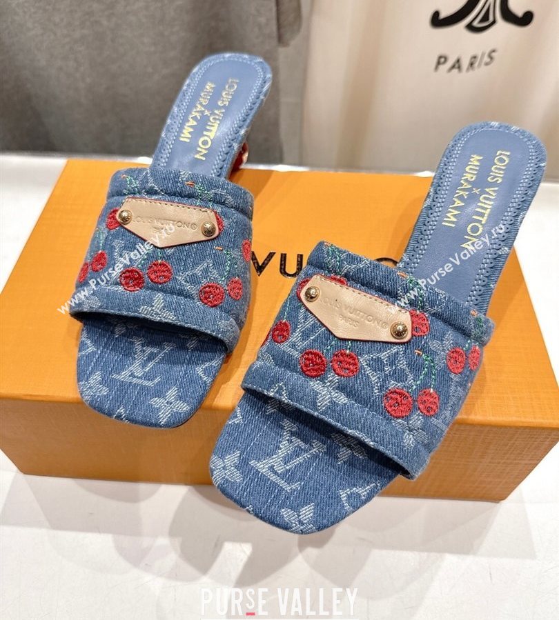 Louis Vuitton LV x TM Lily Heel Slides Sandal 5.5cm in Cherry Monogram Denim with Bow Blue 2025 (MD-250712073)