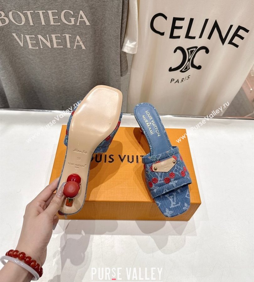Louis Vuitton LV x TM Lily Heel Slides Sandal 5.5cm in Cherry Monogram Denim with Bow Blue 2025 (MD-250712073)