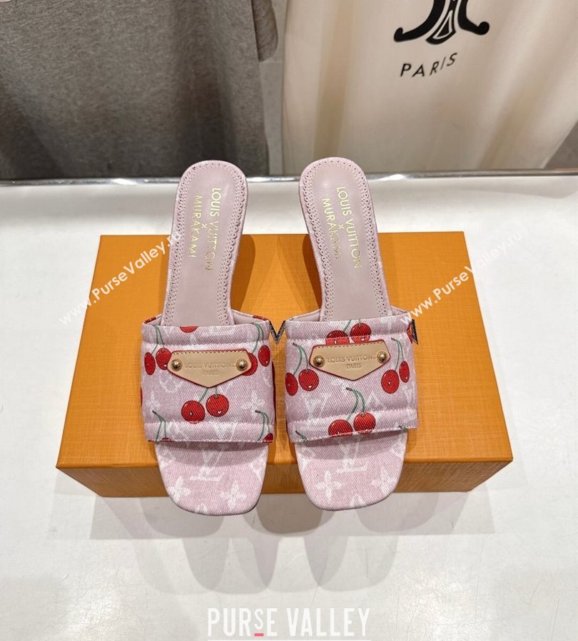Louis Vuitton LV x TM Lily Heel Slides Sandal 5.5cm in Cherry Monogram Denim with Bow Pink 2025 (MD-250712074)