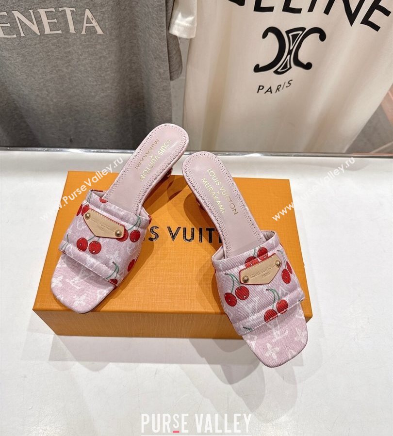 Louis Vuitton LV x TM Lily Heel Slides Sandal 5.5cm in Cherry Monogram Denim with Bow Pink 2025 (MD-250712074)