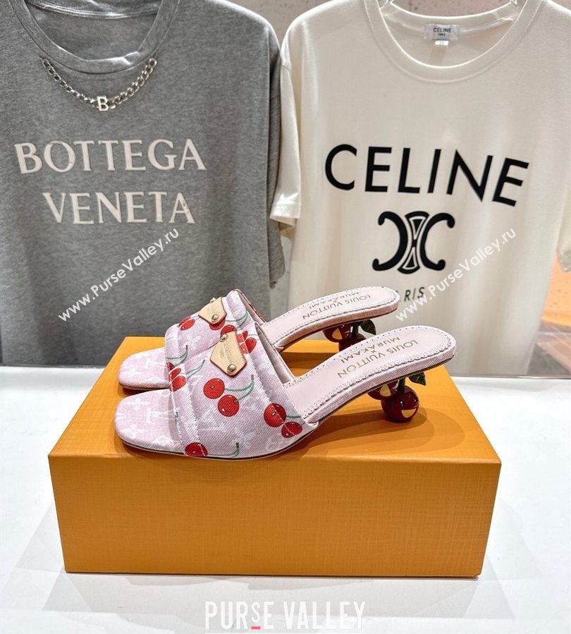 Louis Vuitton LV x TM Lily Heel Slides Sandal 5.5cm in Cherry Monogram Denim with Bow Pink 2025 (MD-250712074)