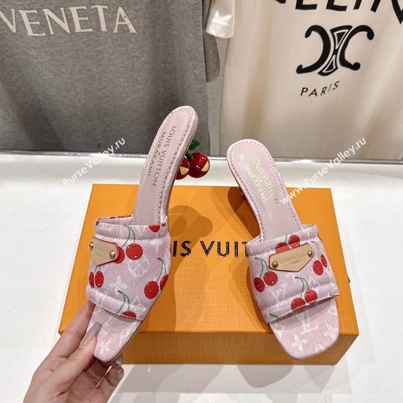 Louis Vuitton LV x TM Lily Heel Slides Sandal 5.5cm in Cherry Monogram Denim with Bow Pink 2025 (MD-250712074)