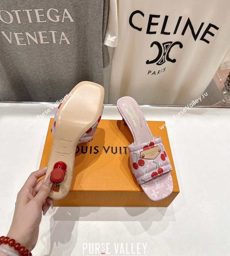 Louis Vuitton LV x TM Lily Heel Slides Sandal 5.5cm in Cherry Monogram Denim with Bow Pink 2025 (MD-250712074)