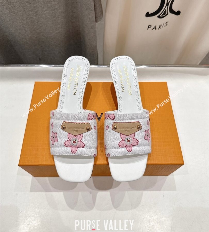 Louis Vuitton LV x TM Lily Heel Slides Sandal 5.5cm in Blossom Leather with Bow White 2025 (MD-250712075)