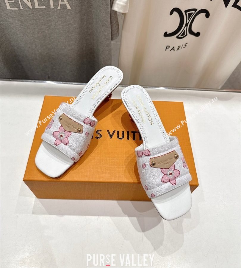 Louis Vuitton LV x TM Lily Heel Slides Sandal 5.5cm in Blossom Leather with Bow White 2025 (MD-250712075)