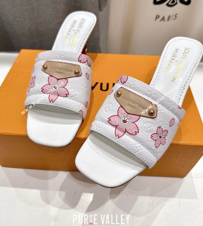 Louis Vuitton LV x TM Lily Heel Slides Sandal 5.5cm in Blossom Leather with Bow White 2025 (MD-250712075)