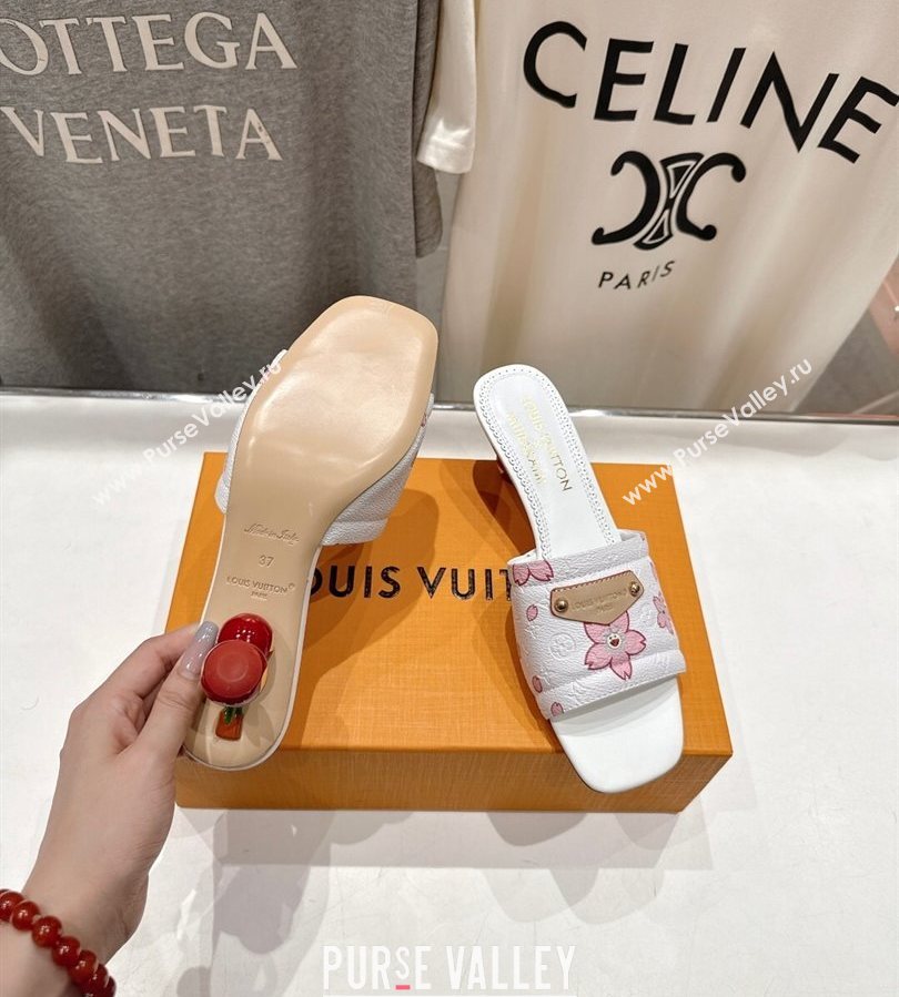 Louis Vuitton LV x TM Lily Heel Slides Sandal 5.5cm in Blossom Leather with Bow White 2025 (MD-250712075)
