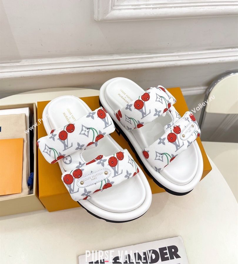 Louis Vuitton LV x TM Pool Pillow Flat Comfort Slides Sandal in White Cherry Fabric 2025 1AHME4 (MD-250712045)