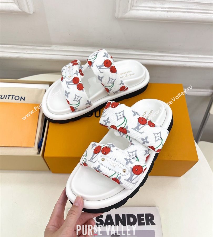 Louis Vuitton LV x TM Pool Pillow Flat Comfort Slides Sandal in White Cherry Fabric 2025 1AHME4 (MD-250712045)