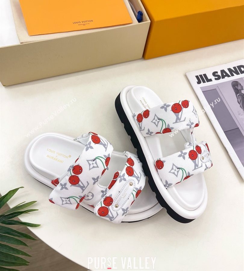 Louis Vuitton LV x TM Pool Pillow Flat Comfort Slides Sandal in White Cherry Fabric 2025 1AHME4 (MD-250712045)