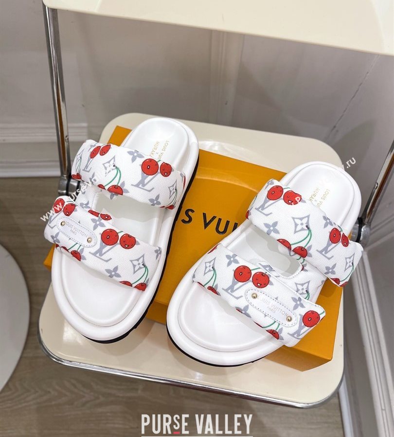 Louis Vuitton LV x TM Pool Pillow Flat Comfort Slides Sandal in White Cherry Fabric 2025 1AHME4 (MD-250712045)